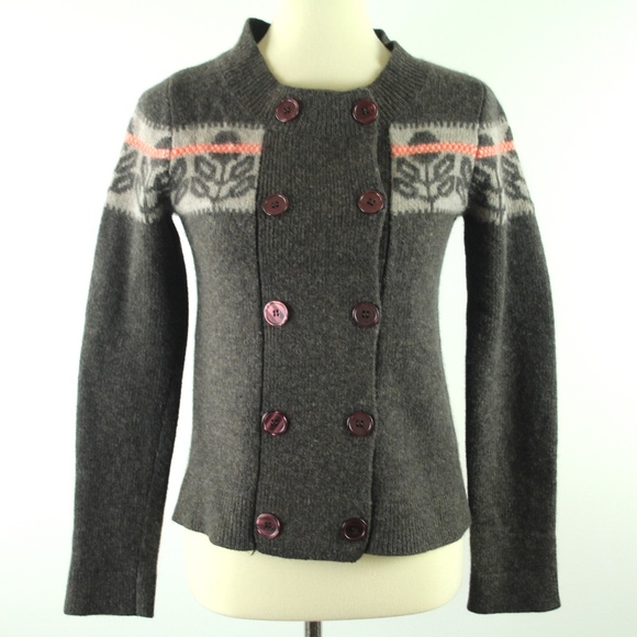 Orla Kiely Sweaters - Orla Kiely Lambswool Angora Double Breasted Brown Floral Trim Sweater Cardigan S